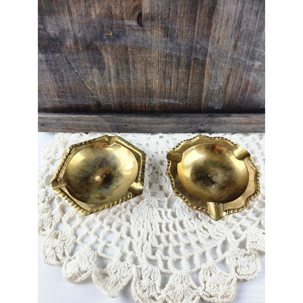 Vintage Brass Mini Ashtray Set 2 Handmade India Trinket Dish Gold Tone